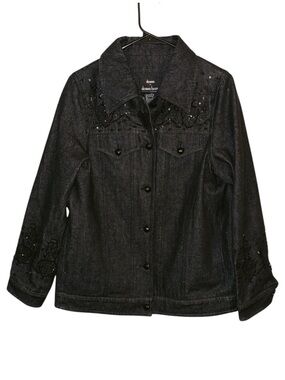 DENNIS BY DENNIS BASSO BLACK DENIM BEADED SEQUIN EMBELLISHMENT